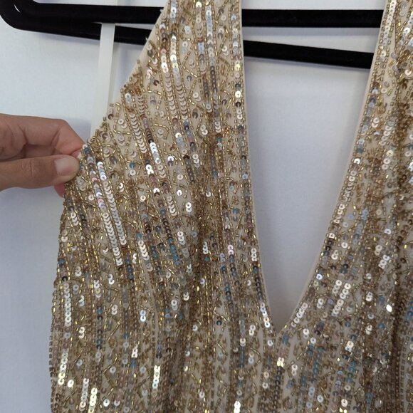 Mac Duggal Embellished Sequined Halter Strap Trumpet Gown Gold Nude Size 2 NWT - Picture 10 of 14